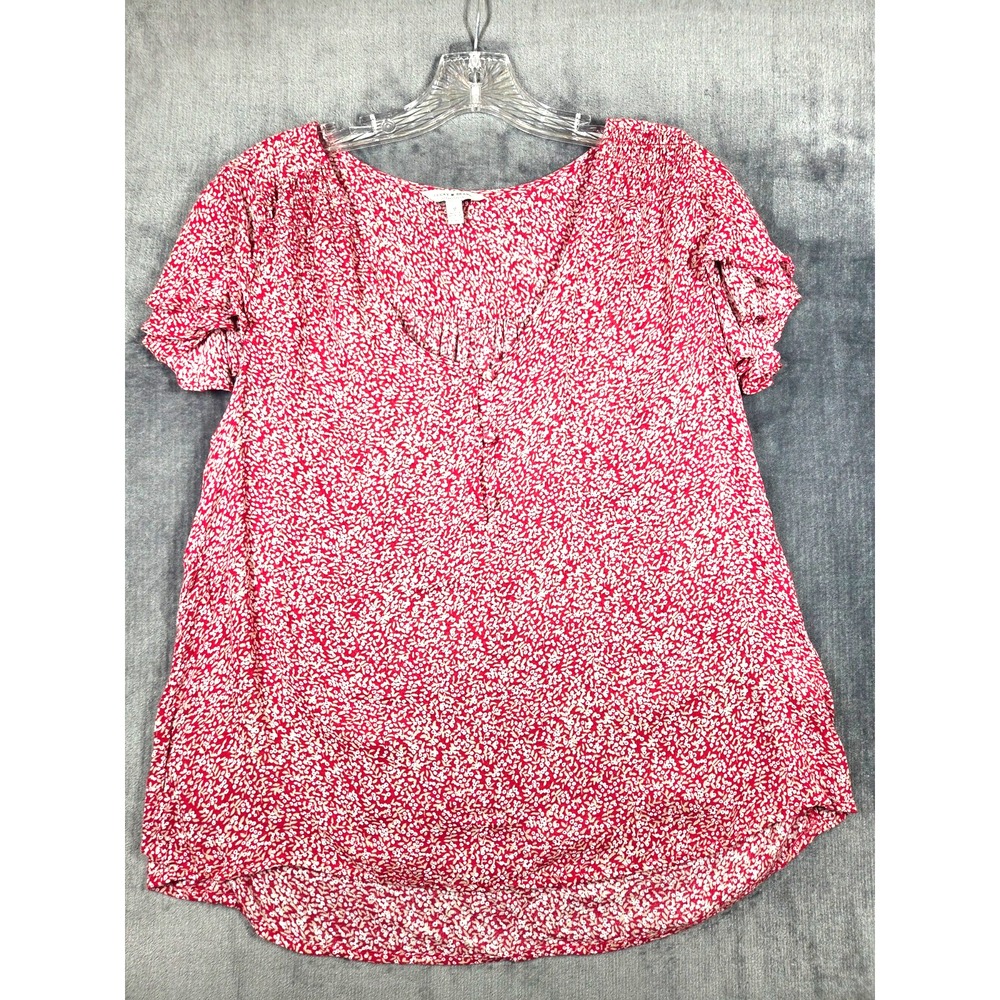 Lucky Brand Top Shirt Womens Size M Beige Red White Floral V-neck